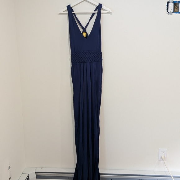 Anthropologie Maeve Yumi Maxi Dress Navy Blue V-Neck Woven Waistband Size 12 - Picture 2 of 11